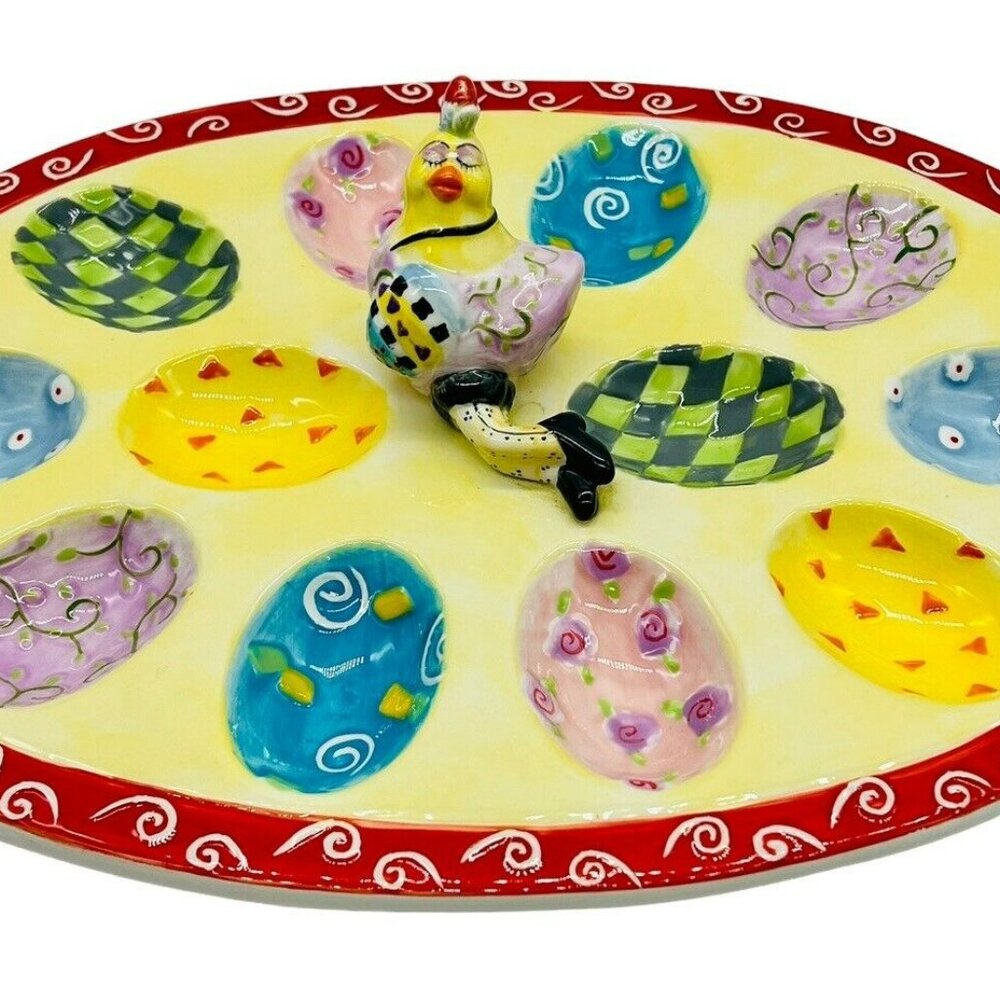 Ganz Deviled Egg Platter‎ Fancy Chicken Reclining Ceramic Easter Geometric Print